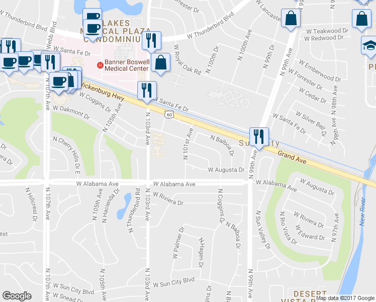 map of restaurants, bars, coffee shops, grocery stores, and more near 10048 West Oakmont Drive in Sun City