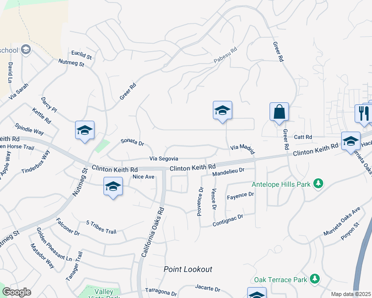 map of restaurants, bars, coffee shops, grocery stores, and more near 23823 Vía Madrid in Murrieta