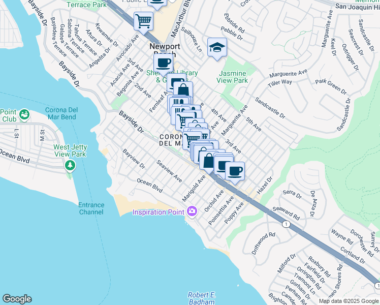 map of restaurants, bars, coffee shops, grocery stores, and more near 3141e East Coast Highway in Newport Beach