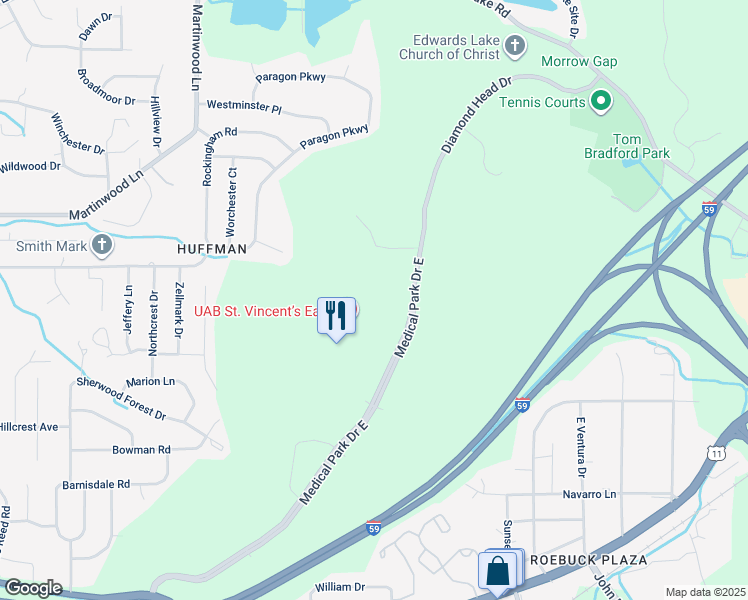 map of restaurants, bars, coffee shops, grocery stores, and more near 23 Medical Park Drive East in Birmingham