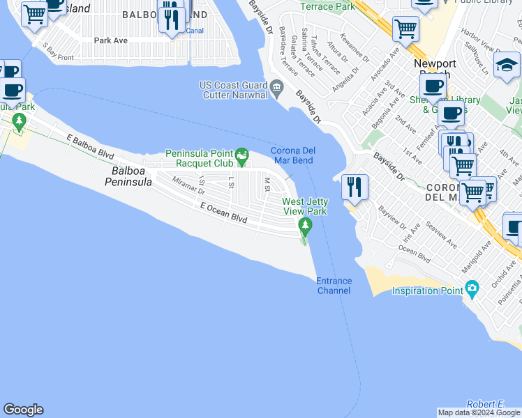 map of restaurants, bars, coffee shops, grocery stores, and more near 2042 Miramar Drive in Newport Beach