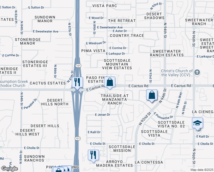 map of restaurants, bars, coffee shops, grocery stores, and more near E Cactus Rd & N 90th St in Scottsdale