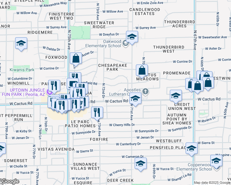 map of restaurants, bars, coffee shops, grocery stores, and more near 12312 North 71st Lane in Peoria