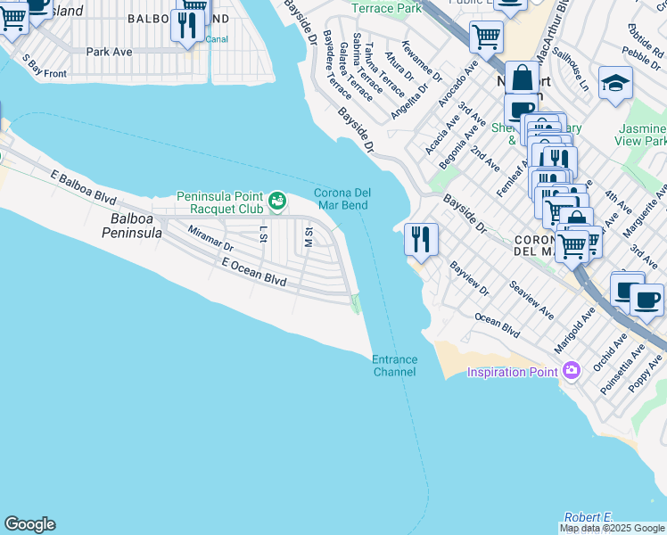 map of restaurants, bars, coffee shops, grocery stores, and more near 2141 Seville Avenue in Newport Beach