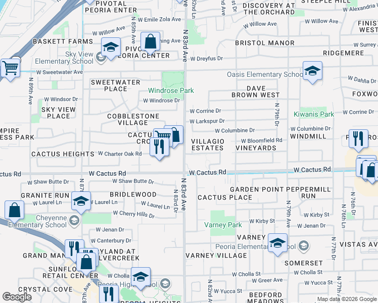 map of restaurants, bars, coffee shops, grocery stores, and more near 12406 82nd Lane in Peoria