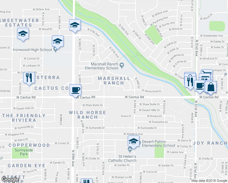 map of restaurants, bars, coffee shops, grocery stores, and more near 12262 North 56th Avenue in Glendale
