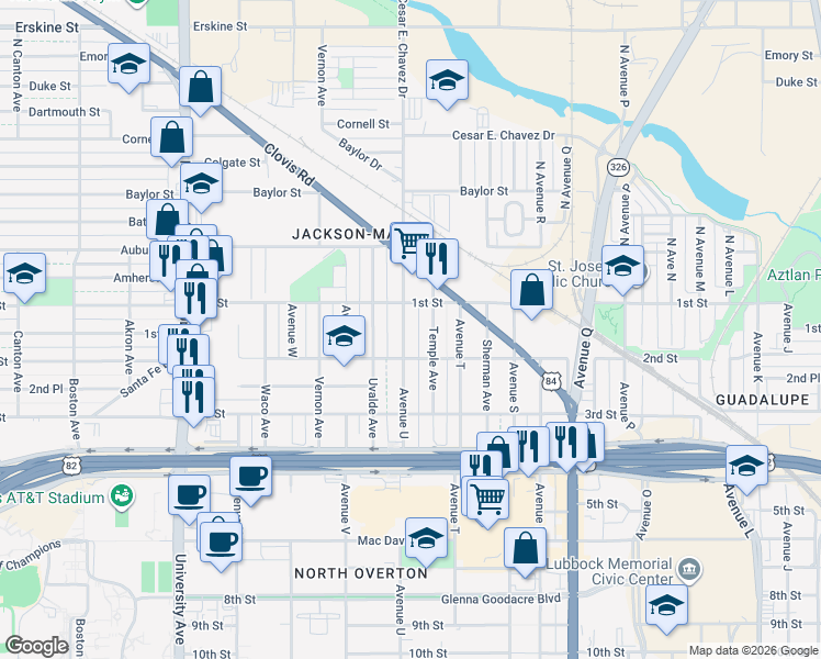 map of restaurants, bars, coffee shops, grocery stores, and more near 112 Avenue U in Lubbock