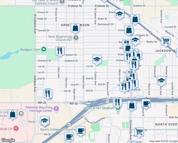 map of restaurants, bars, coffee shops, grocery stores, and more near 2818 1st Place in Lubbock