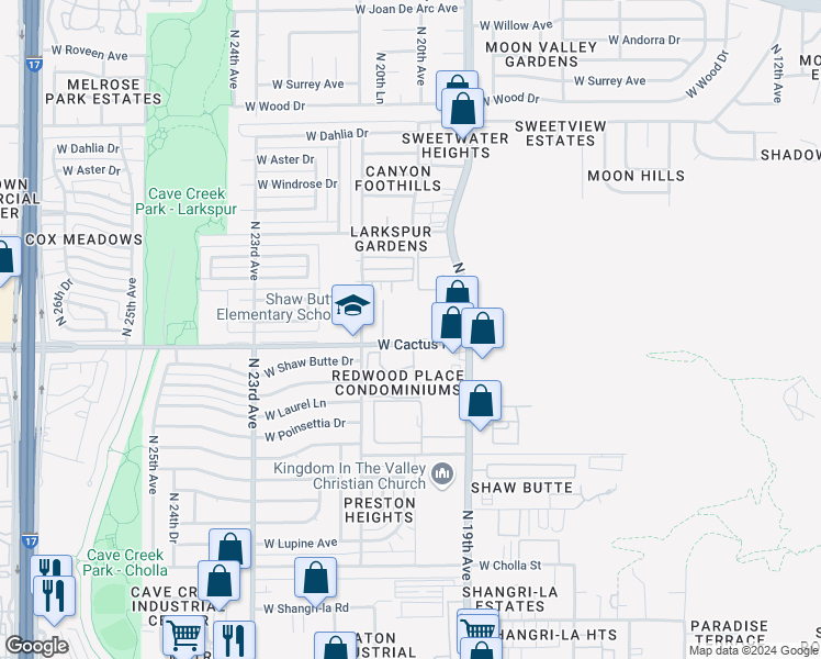 map of restaurants, bars, coffee shops, grocery stores, and more near 2036 West Cactus Road in Phoenix