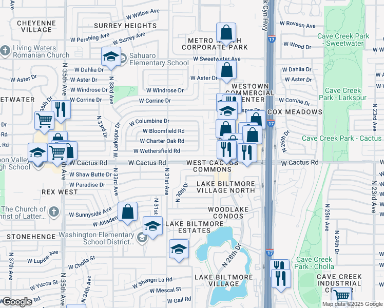 map of restaurants, bars, coffee shops, grocery stores, and more near 3019 West Wethersfield Road in Phoenix