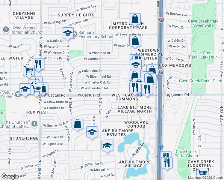 map of restaurants, bars, coffee shops, grocery stores, and more near 3019 West Wethersfield Road in Phoenix