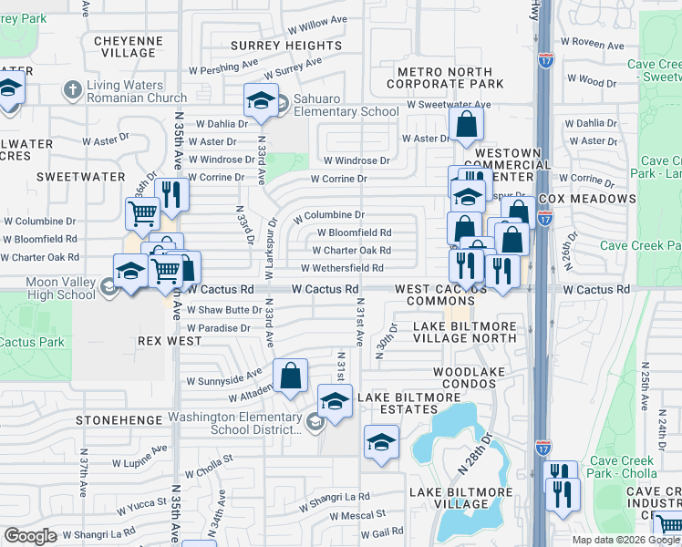 map of restaurants, bars, coffee shops, grocery stores, and more near 3125 West Wethersfield Road in Phoenix
