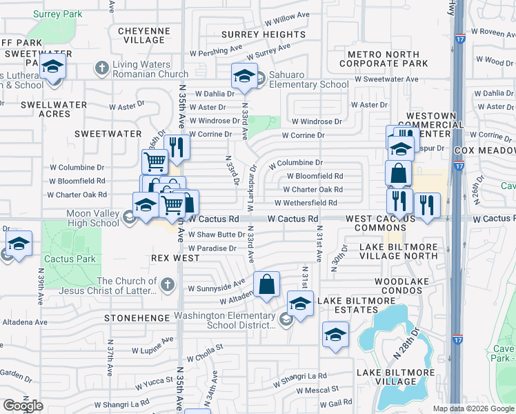 map of restaurants, bars, coffee shops, grocery stores, and more near 3249 West Wethersfield Road in Phoenix