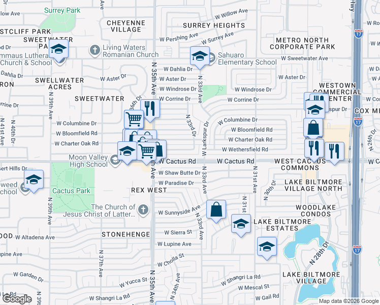 map of restaurants, bars, coffee shops, grocery stores, and more near 3327 West Wethersfield Road in Phoenix