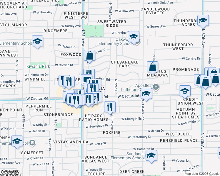 map of restaurants, bars, coffee shops, grocery stores, and more near 7273 West Charter Oak Road in Peoria