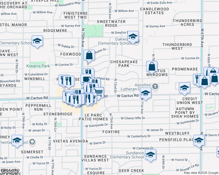map of restaurants, bars, coffee shops, grocery stores, and more near 7273 West Charter Oak Road in Peoria