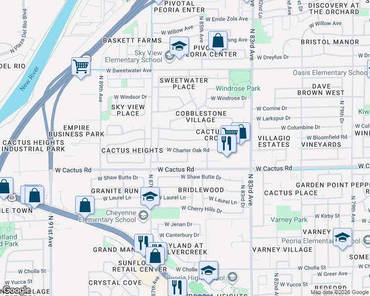 map of restaurants, bars, coffee shops, grocery stores, and more near 8544 West Charter Oak Road in Peoria