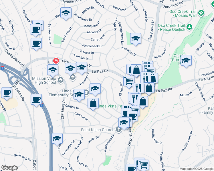 map of restaurants, bars, coffee shops, grocery stores, and more near 26762 Merino Circle in Mission Viejo