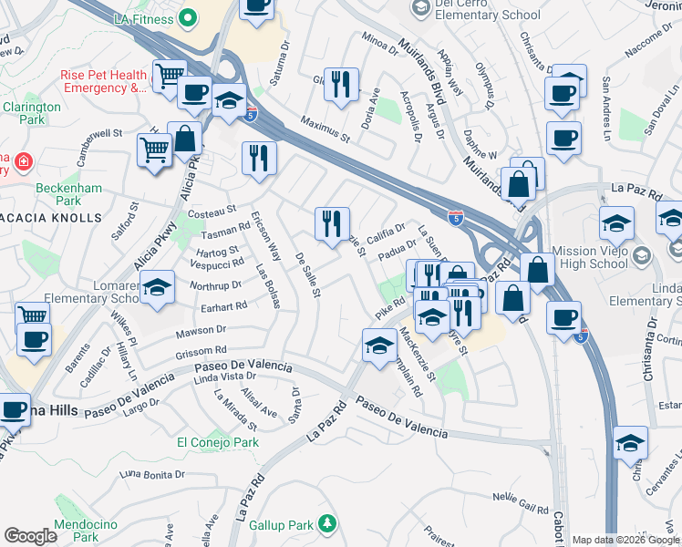 map of restaurants, bars, coffee shops, grocery stores, and more near 25552 Charlemagne in Laguna Hills