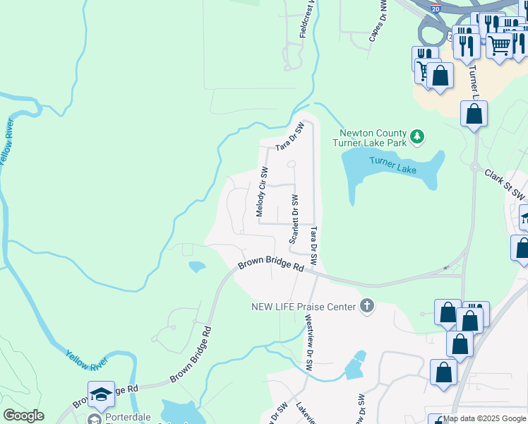 map of restaurants, bars, coffee shops, grocery stores, and more near 9220 Melody Circle Southwest in Covington