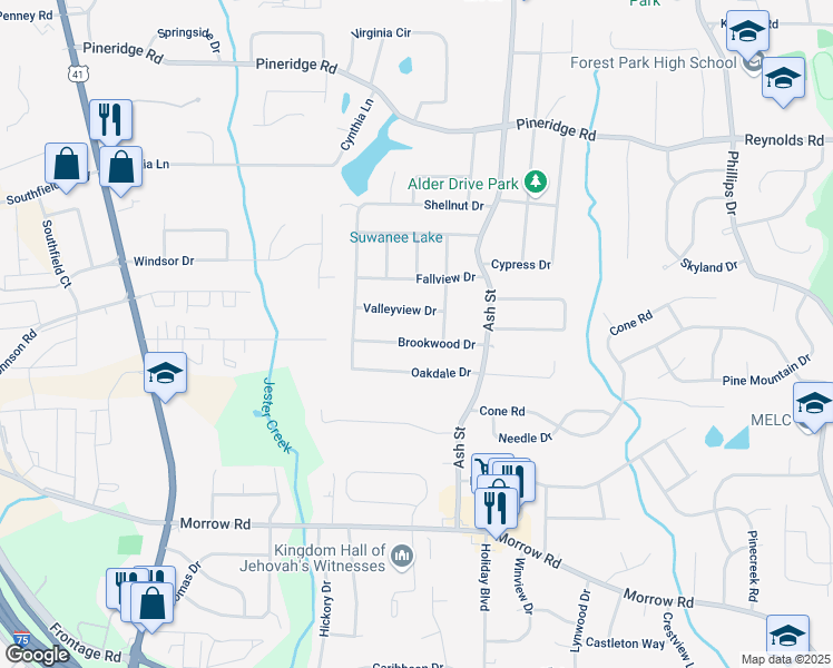 map of restaurants, bars, coffee shops, grocery stores, and more near 694 Brookwood Drive in Forest Park