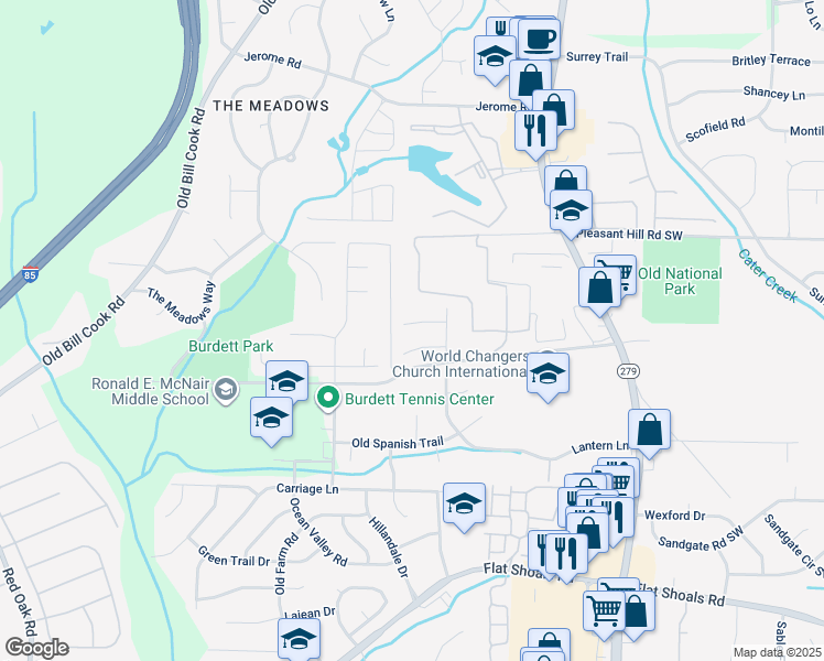 map of restaurants, bars, coffee shops, grocery stores, and more near 2570 Picardy Circle North in College Park