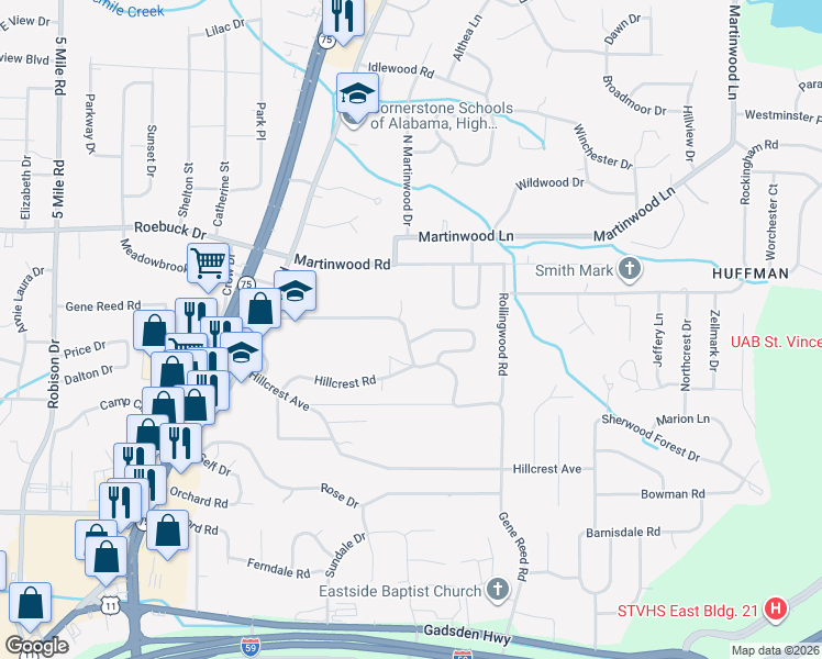 map of restaurants, bars, coffee shops, grocery stores, and more near 764 Gene Reed Road in Birmingham