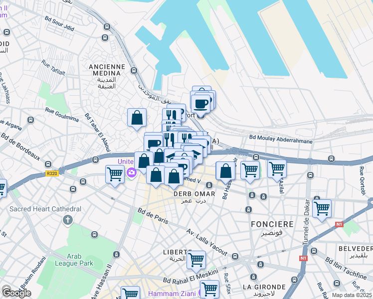 map of restaurants, bars, coffee shops, grocery stores, and more near 27 Avenue des FAR in Casablanca