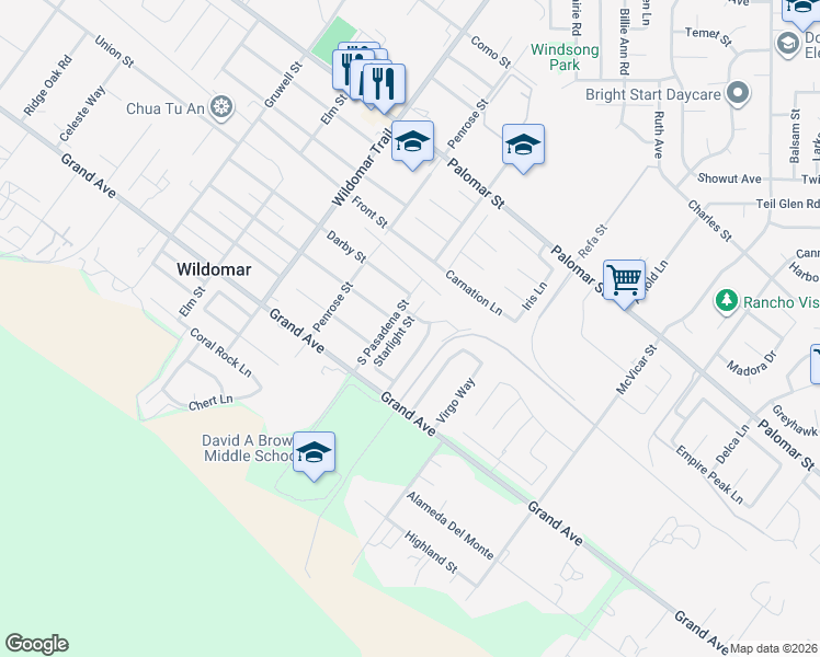 map of restaurants, bars, coffee shops, grocery stores, and more near 32816 Starlight Street in Wildomar