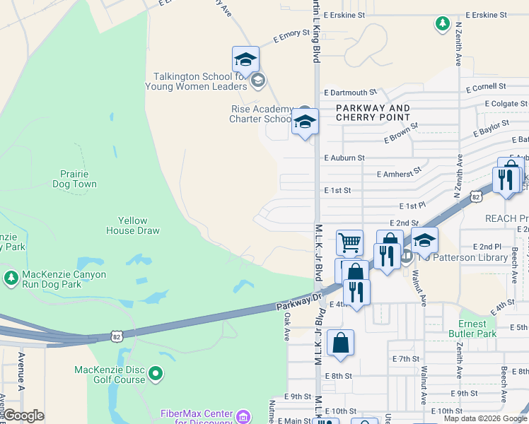 map of restaurants, bars, coffee shops, grocery stores, and more near 1501 East 1st Place in Lubbock