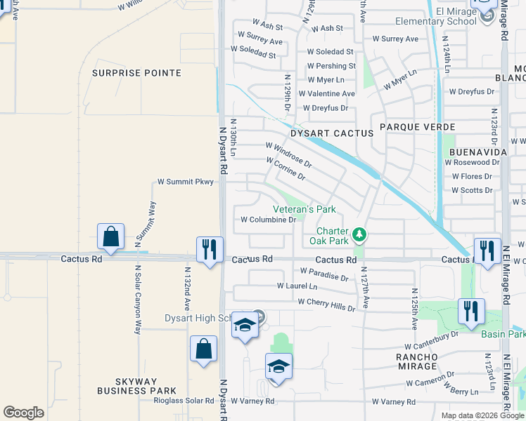 map of restaurants, bars, coffee shops, grocery stores, and more near 12942 West Columbine Drive in El Mirage