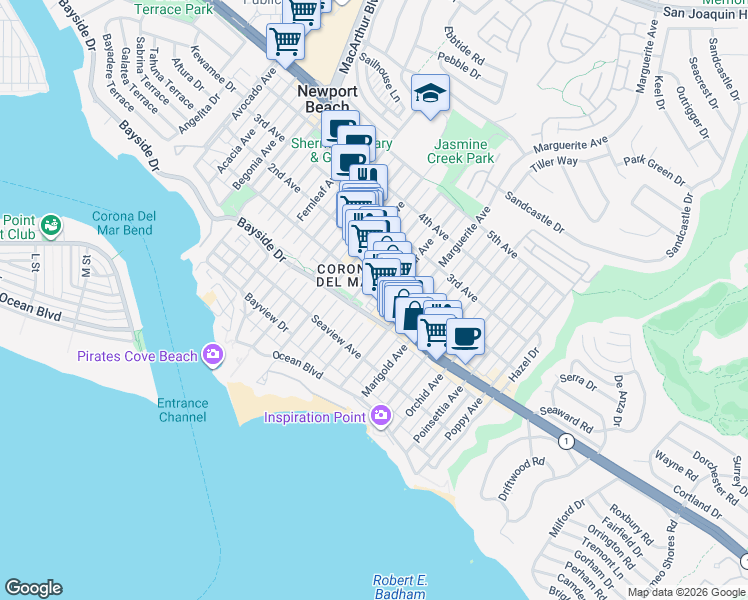 map of restaurants, bars, coffee shops, grocery stores, and more near Corona Del Mar East Coast Hwy in Corona Del Mar