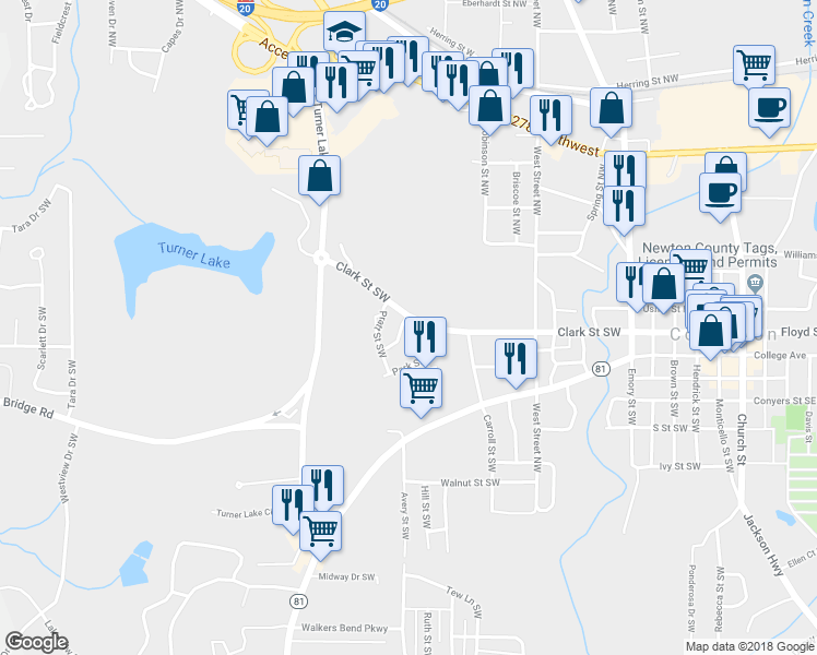map of restaurants, bars, coffee shops, grocery stores, and more near 5105 Swann Street in Covington