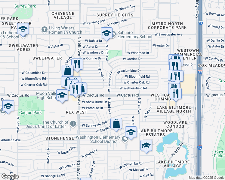 map of restaurants, bars, coffee shops, grocery stores, and more near 3249 West Wethersfield Road in Phoenix