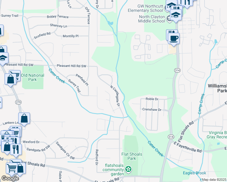 map of restaurants, bars, coffee shops, grocery stores, and more near 5809 North Castlegate Drive in Atlanta