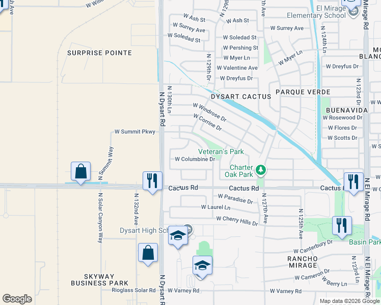 map of restaurants, bars, coffee shops, grocery stores, and more near 12942 West Columbine Drive in El Mirage