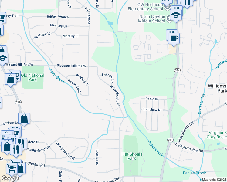 map of restaurants, bars, coffee shops, grocery stores, and more near 5811 North Castlegate Drive in Atlanta