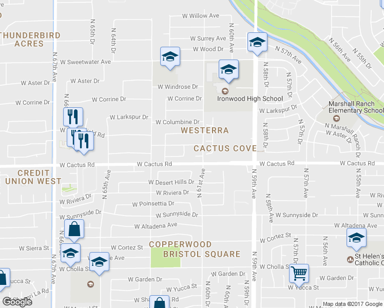 map of restaurants, bars, coffee shops, grocery stores, and more near 6114 West Wethersfield Road in Glendale