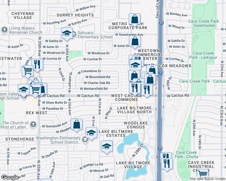 map of restaurants, bars, coffee shops, grocery stores, and more near 3019 West Wethersfield Road in Phoenix