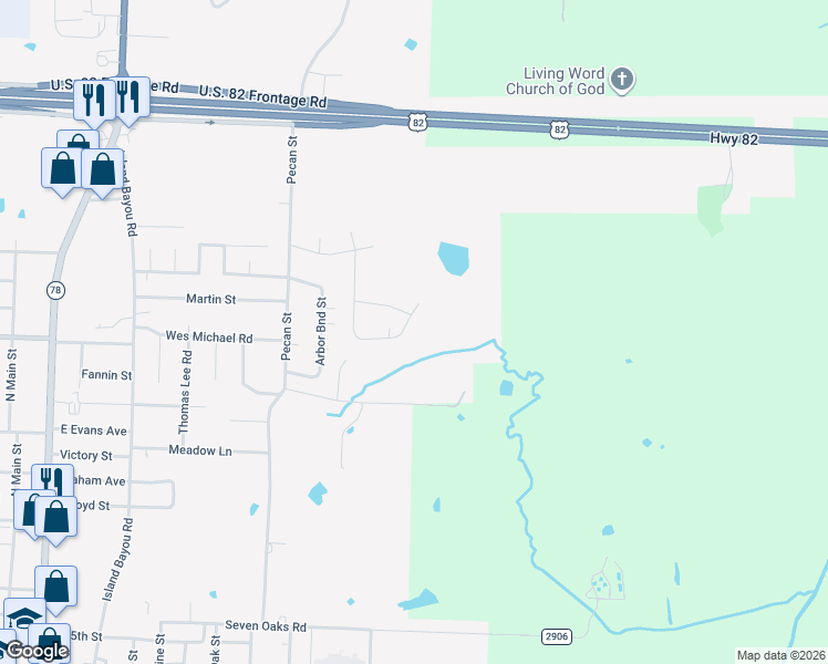 map of restaurants, bars, coffee shops, grocery stores, and more near 1308 Pioneer Trail in Bonham