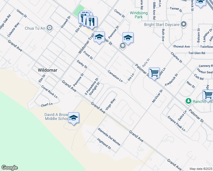map of restaurants, bars, coffee shops, grocery stores, and more near 21813 Quartz Way in Wildomar