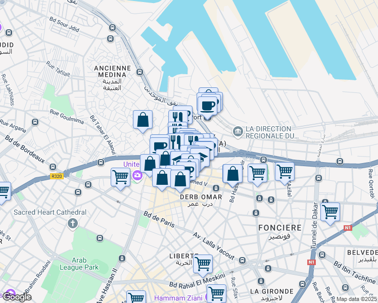 map of restaurants, bars, coffee shops, grocery stores, and more near 27 Avenue des FAR in Casablanca