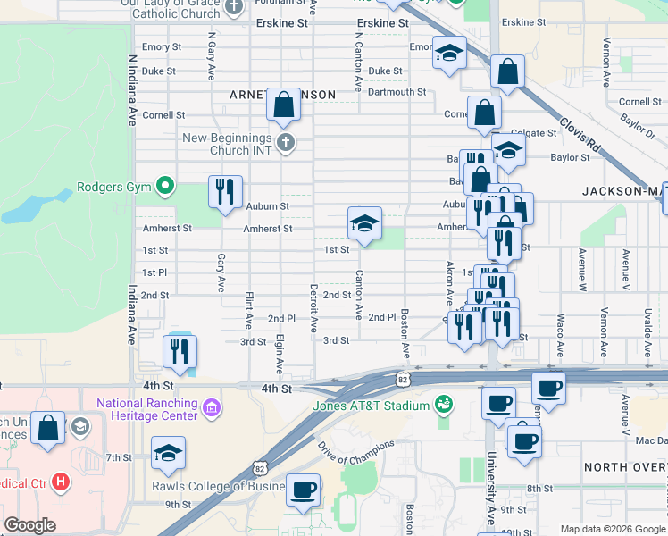 map of restaurants, bars, coffee shops, grocery stores, and more near 2818 1st Place in Lubbock