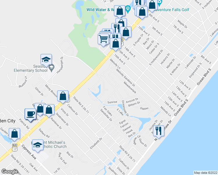 map of restaurants, bars, coffee shops, grocery stores, and more near 409 Marsh Folly Place in Murrells Inlet