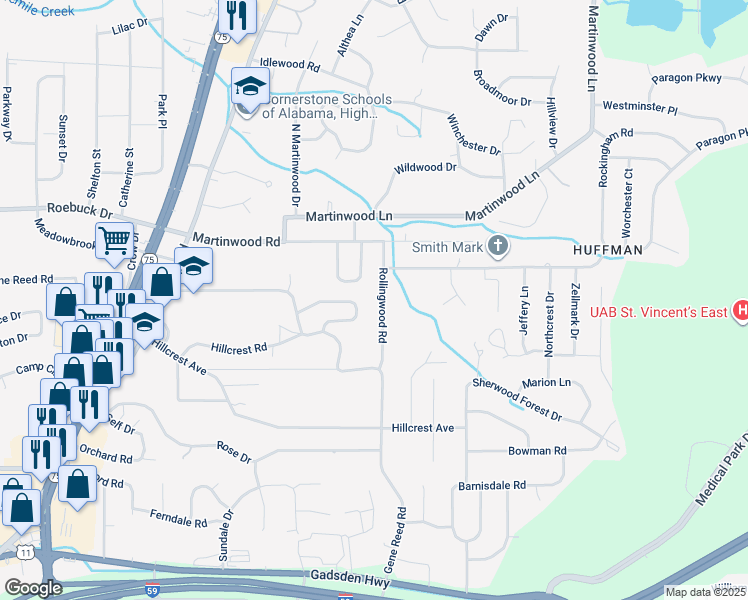 map of restaurants, bars, coffee shops, grocery stores, and more near 540 Rollingwood Road in Birmingham