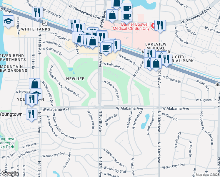 map of restaurants, bars, coffee shops, grocery stores, and more near 12413 North Saint Andrews Drive in Sun City