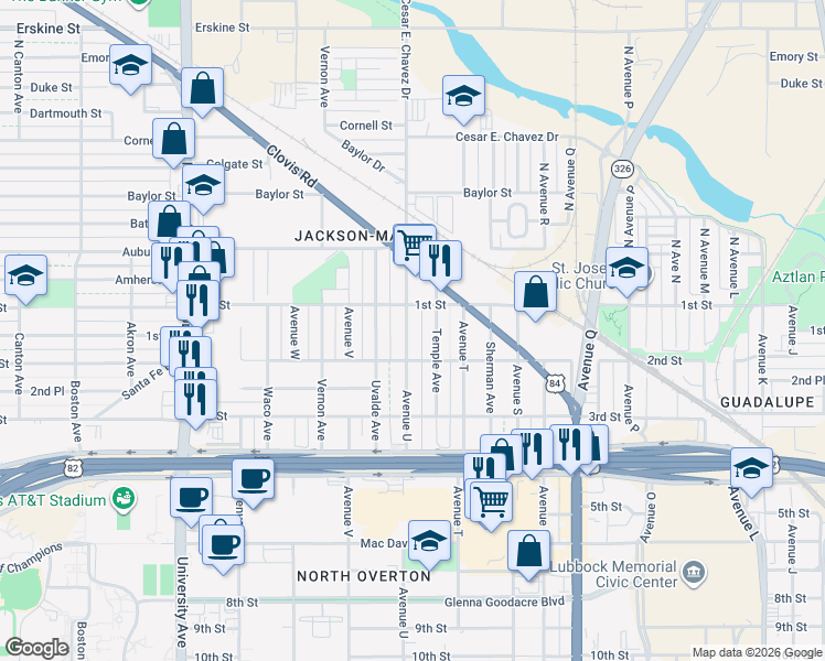 map of restaurants, bars, coffee shops, grocery stores, and more near 112 Avenue U in Lubbock