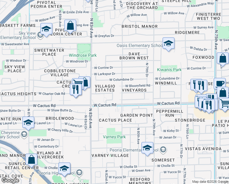 map of restaurants, bars, coffee shops, grocery stores, and more near 12405 82nd Avenue in Peoria