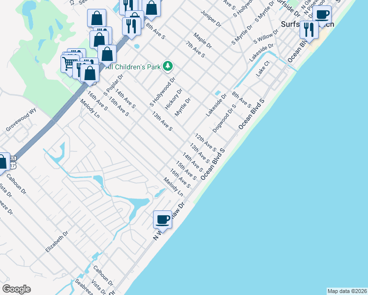map of restaurants, bars, coffee shops, grocery stores, and more near 1315 Lakeside Drive in Surfside Beach