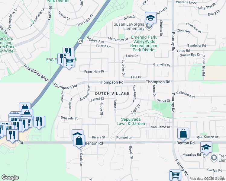 map of restaurants, bars, coffee shops, grocery stores, and more near 36059 Tahoe Street in Winchester
